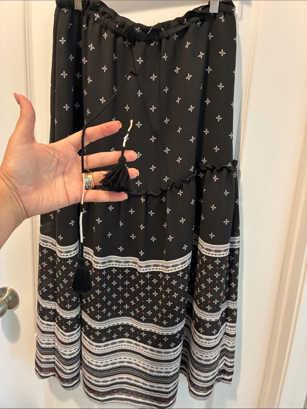 LOFT Blue Grey Maxi skirt with White Pattern and Tassel Tie